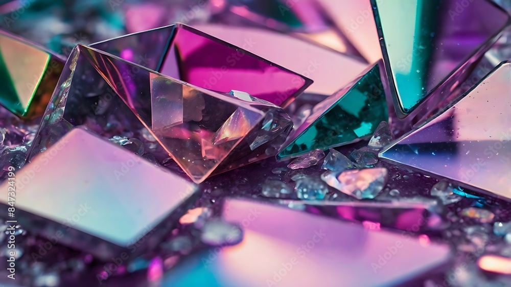 Shattered purple and pink glass particles, broken glass with beautiful reflections, background wallpaper