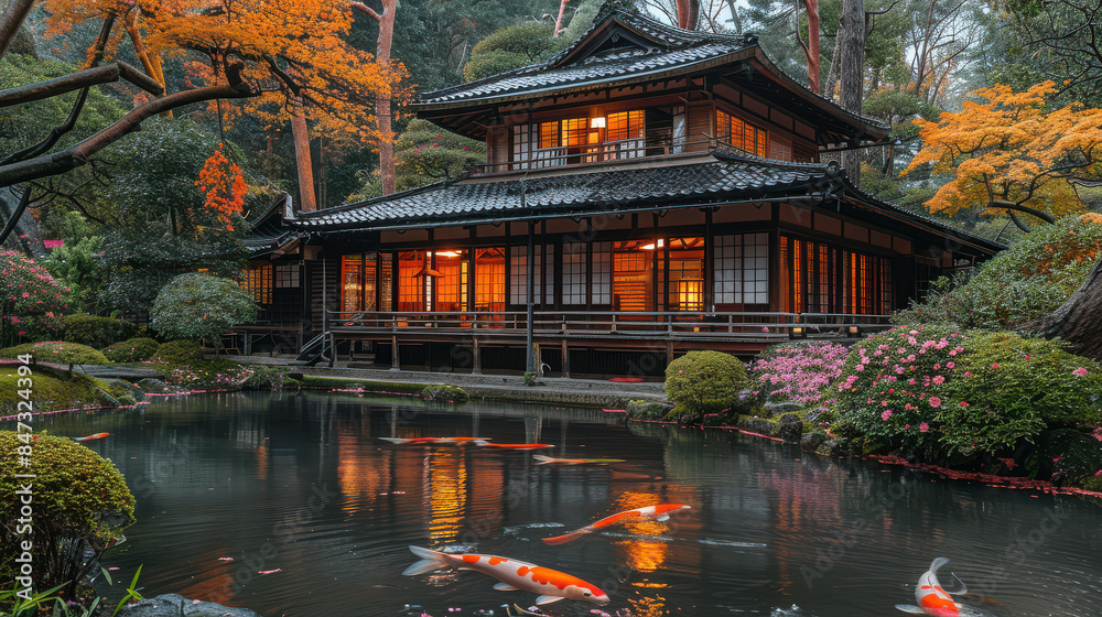 A tranquil Japanese tea garden with a traditional tea house created with Generative AI technology A tranquil Japanese tea garden with a traditional tea house created with Generative AI technology