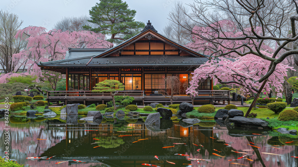 A tranquil Japanese tea garden with a traditional tea house created with Generative AI technology A tranquil Japanese tea garden with a traditional tea house created with Generative AI technology
