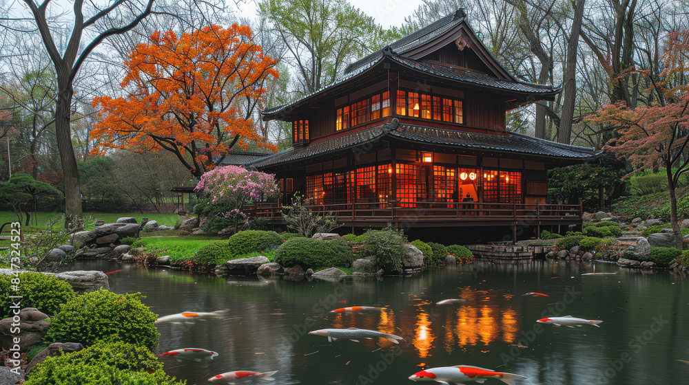 A tranquil Japanese tea garden with a traditional tea house created with Generative AI technology A tranquil Japanese tea garden with a traditional tea house created with Generative AI technology