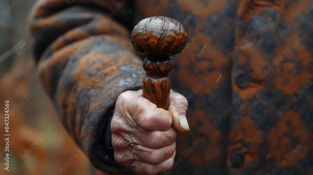 A person holding a wooden stick with a brown and black design A person holding a wooden stick with a brown and black design