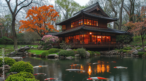 A tranquil Japanese tea garden with a traditional tea house created with Generative AI technology © Robert Herhold