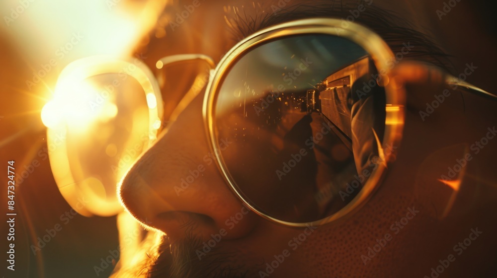 A close-up shot of a person wearing sunglasses A close-up shot of a person wearing sunglasses
