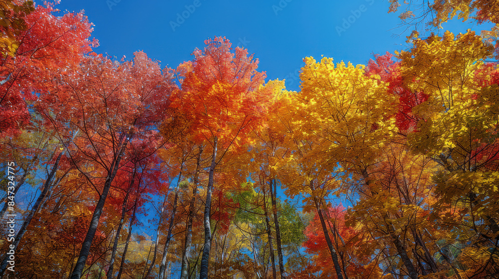 A vibrant autumn forest with trees in shades of red, orange, and yellow, and a clear blue sky. created with Generative AI technology A vibrant autumn forest with trees in shades of red, orange, and yellow, and a clear blue sky. created with Generative AI technology
