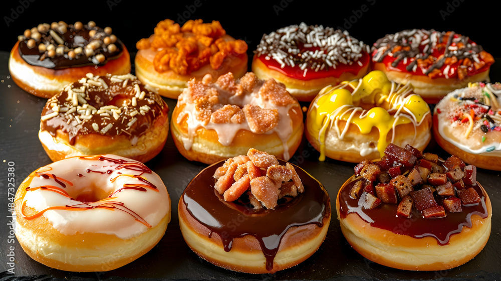A selection of freshly made fast food donuts with vibrant colors and various toppings A selection of freshly made fast food donuts with vibrant colors and various toppings