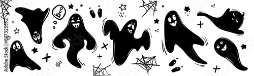 Set of silhouettes of funny ghosts. Halloween decor. Vector graphics.