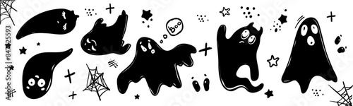 Set of silhouettes of funny ghosts. Halloween decor. Vector graphics.