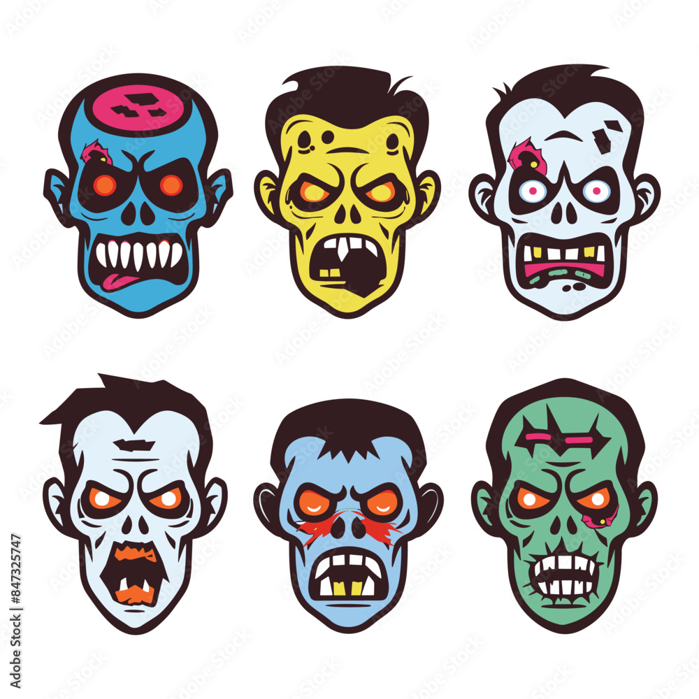 Six cartoon zombie heads expressing various scary emotions. Colorful undead faces perfect Halloween designs. Bright, bold colors exaggerated facial features give comic book style Six cartoon zombie heads expressing various scary emotions. Colorful undead faces perfect Halloween designs. Bright, bold colors exaggerated facial features give comic book style