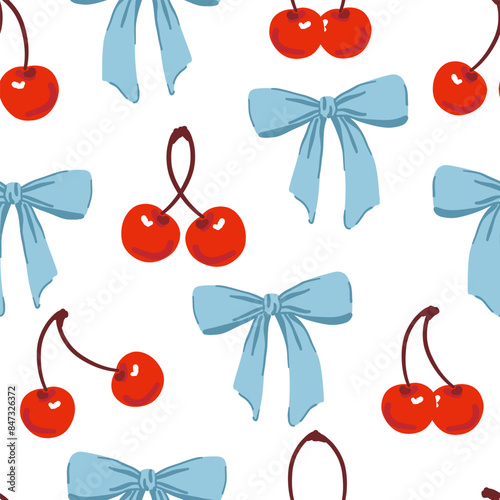 Cherries and coquette ribbon bow seamless pattern. Sweet red cherry pastel blue bow. Aesthetic wallpaper in trendy retro vintage style. Cute hand drawing cartoon vector illustration isolated on white
