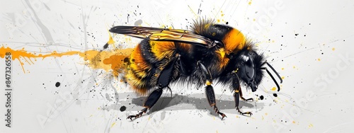 Close-up of bumblebee with vibrant yellow, orange, and black paint splashes on grey background. Banner with copy space