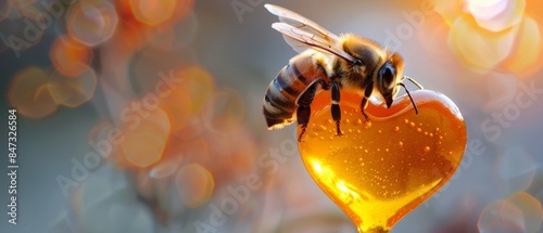 Honeybee sitting on heart-shaped liquid honey on blurred background with copy space