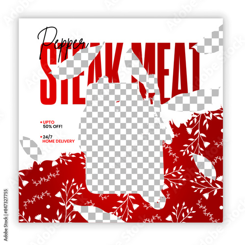 Premium social media post design template for restaurant with a dish of paper steak meat