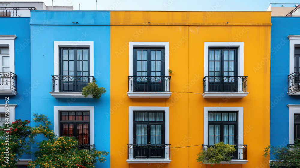 External facade of a row of colorful modern urban townhouses created with Generative AI technology External facade of a row of colorful modern urban townhouses created with Generative AI technology