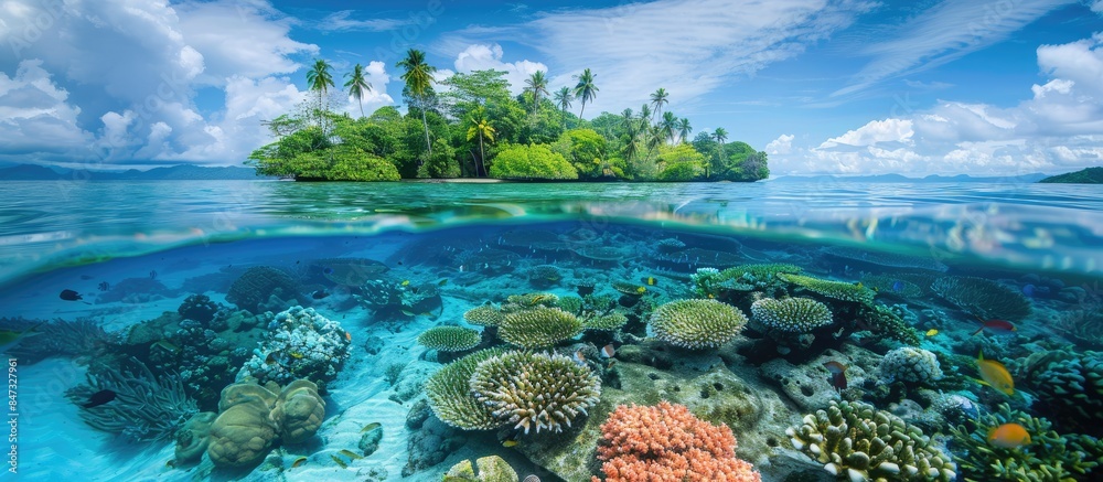 Naklejka premium Tropical Island and Coral Reef: A Split View Beneath the Waterline
