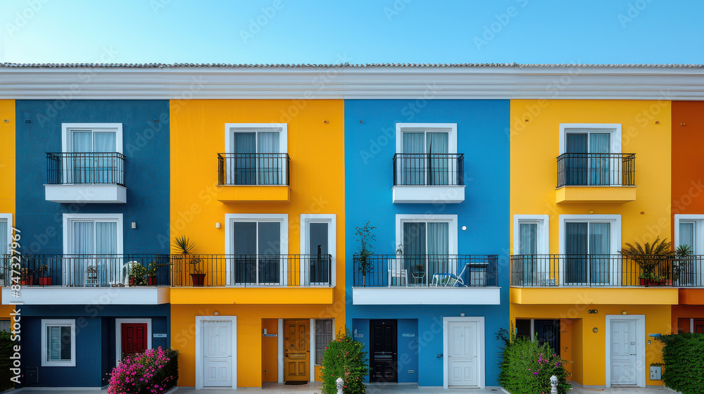 External facade of a row of colorful modern urban townhouses created with Generative AI technology External facade of a row of colorful modern urban townhouses created with Generative AI technology