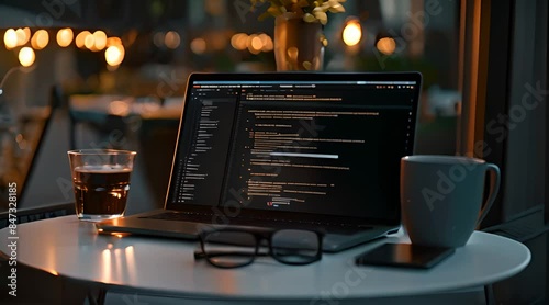 Photo of an open laptop with code on the screen, sitting next to coffee and glasses on white table, dark background, soft lighting, closeup photo
