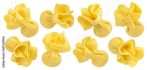Italian Sacchettini pasta isolated on white background, full depth of field