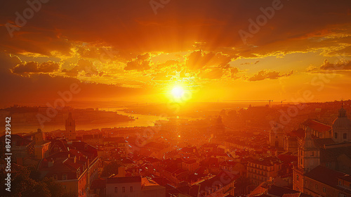 Lisbon, Portugal city skyline, golden hour, photorealistic created with Generative AI technology