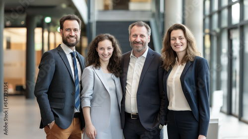 Diverse team of business professionals standing together in a modern office, dressed in formal business attire, smiling confidently. teamwork and success concept