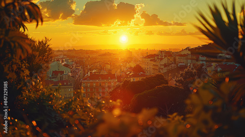Lisbon, Portugal city skyline, golden hour, photorealistic created with Generative AI technology