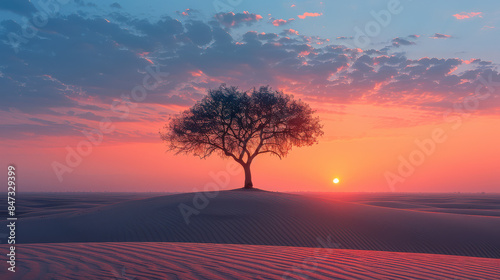 lone tree on desert sand dune at dawn created with Generative AI technology