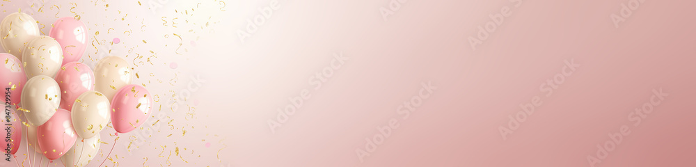 Holiday banner with pastel pink balloons and gold candies on a pink background with large text. holiday, birthday concept. Holiday banner with pastel pink balloons and gold candies on a pink background with large text. holiday, birthday concept.