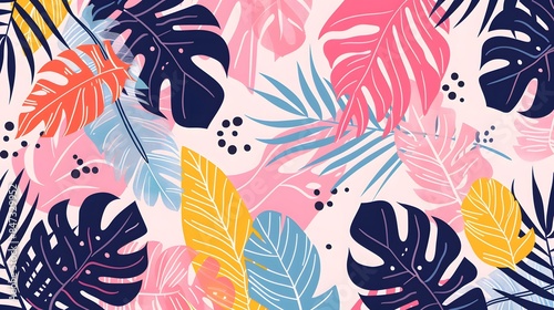 Abstract Peach Magenta Summer Seamless Pattern With Copy Space for Text. Bright Tropical Leaves And Plants in Simple Minimal Style. © Ziyan