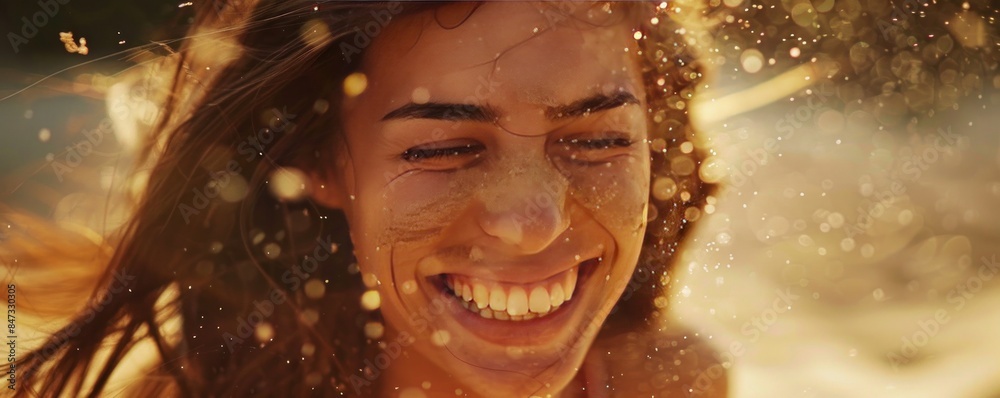 Happy woman playing with sand, smiling brightly, surrounded by golden sunlight, capturing the joy of simple pleasures.