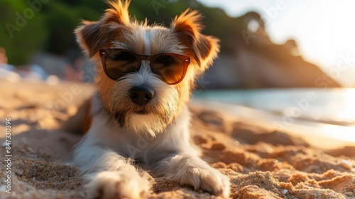 A dog is laying on the beach wearing sunglasses © Linus