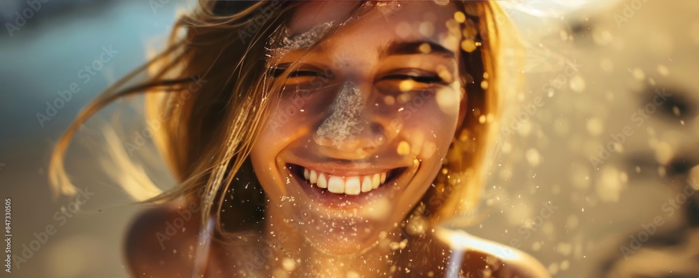 Happy woman playing with sand, smiling brightly, surrounded by golden sunlight, capturing the joy of simple pleasures. Happy woman playing with sand, smiling brightly, surrounded by golden sunlight, capturing the joy of simple pleasures.