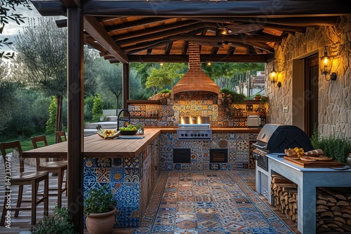 Mediterranean-inspired outdoor kitchen with wood-fired pizza oven and mosaic tiles