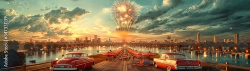 A vintagestyle poster of a 4th of July celebration with classic cars, fireworks, and a traditional picnic Vintage, Soft Colors, Grainy Texture