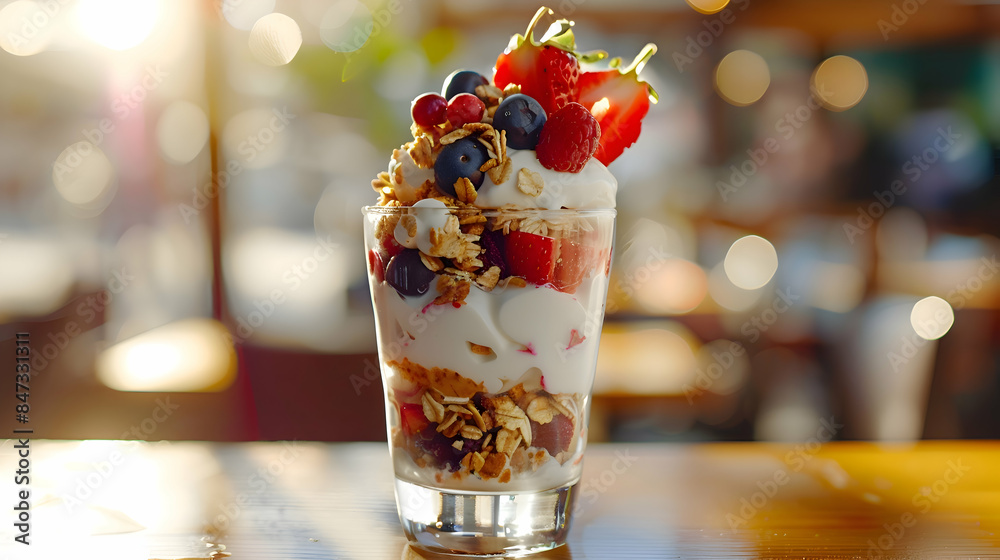 A vibrant fast food yogurt parfait layered with fresh fruit and granola A vibrant fast food yogurt parfait layered with fresh fruit and granola