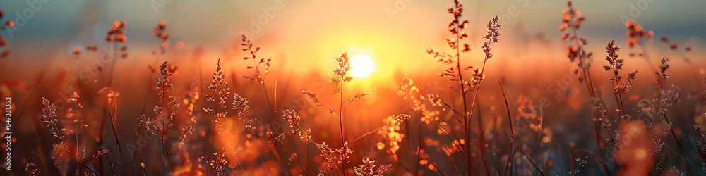 wide horizontal background silhouette photo of sunrise coming through a grass field in the evening sun dusk 