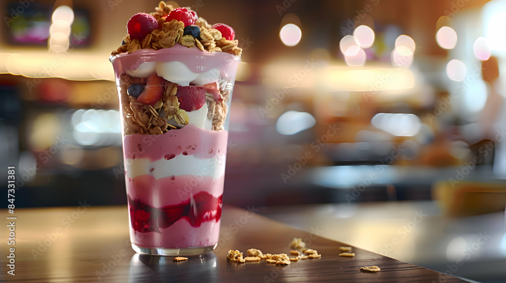 A vibrant fast food yogurt parfait layered with fresh fruit and granola A vibrant fast food yogurt parfait layered with fresh fruit and granola