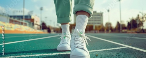Close-up of a person s legs wearing white sneakers and green sweatpants, standing on a track field, ready for action. photo