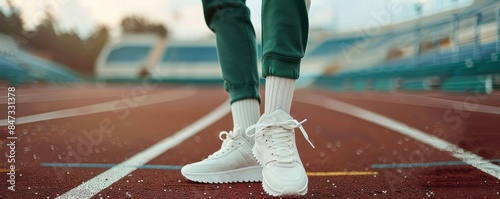 Close-up of a person s legs wearing white sneakers and green sweatpants, standing on a track field, ready for action. photo