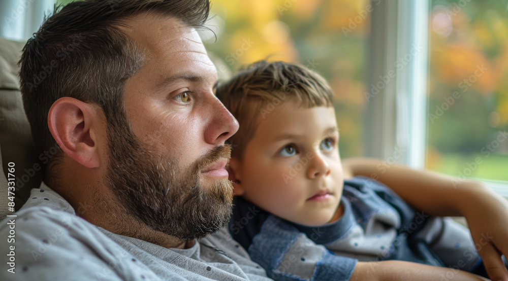 A man and a boy are sitting together on a couch A man and a boy are sitting together on a couch