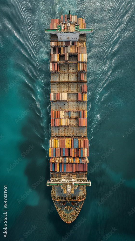 Top view of a huge cargo ship having lots of shipping containers sailing over deep blue ocean in coast Top view of a huge cargo ship having lots of shipping containers sailing over deep blue ocean in coast