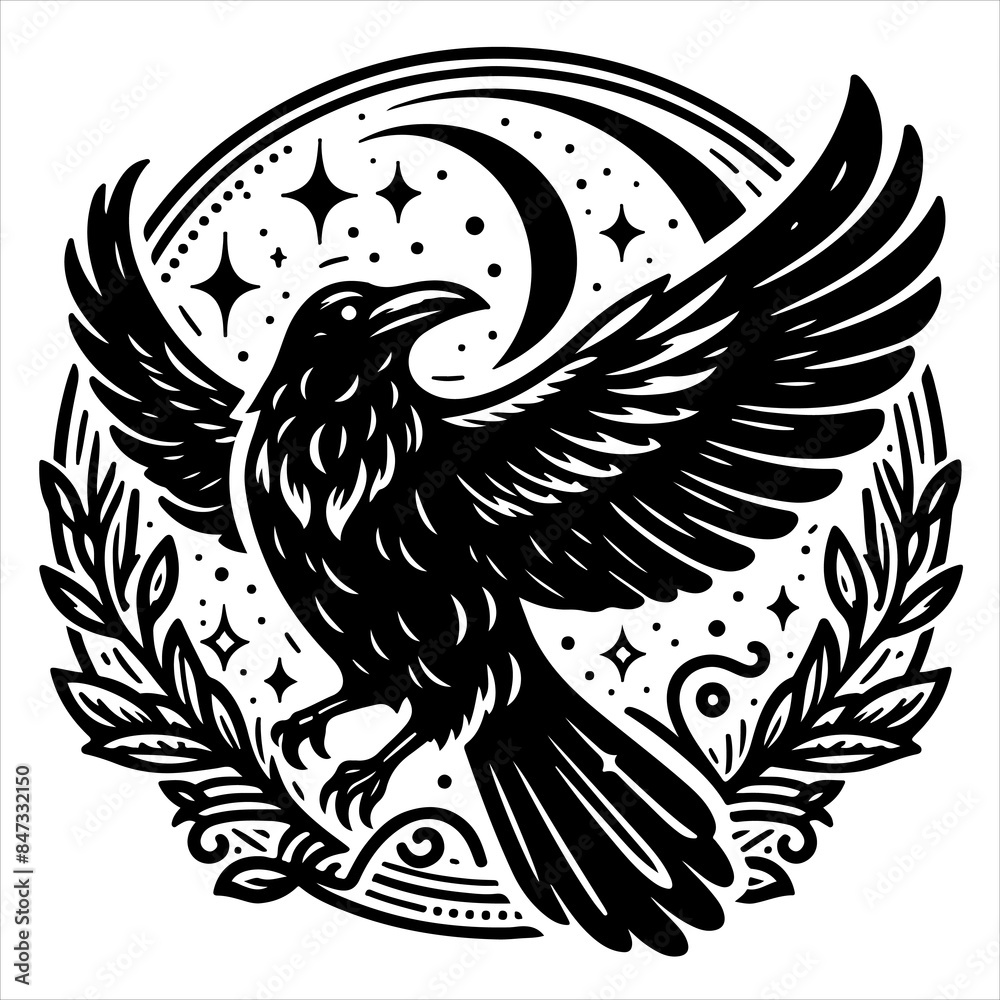 Fototapeta premium Crow black outline illustration.
