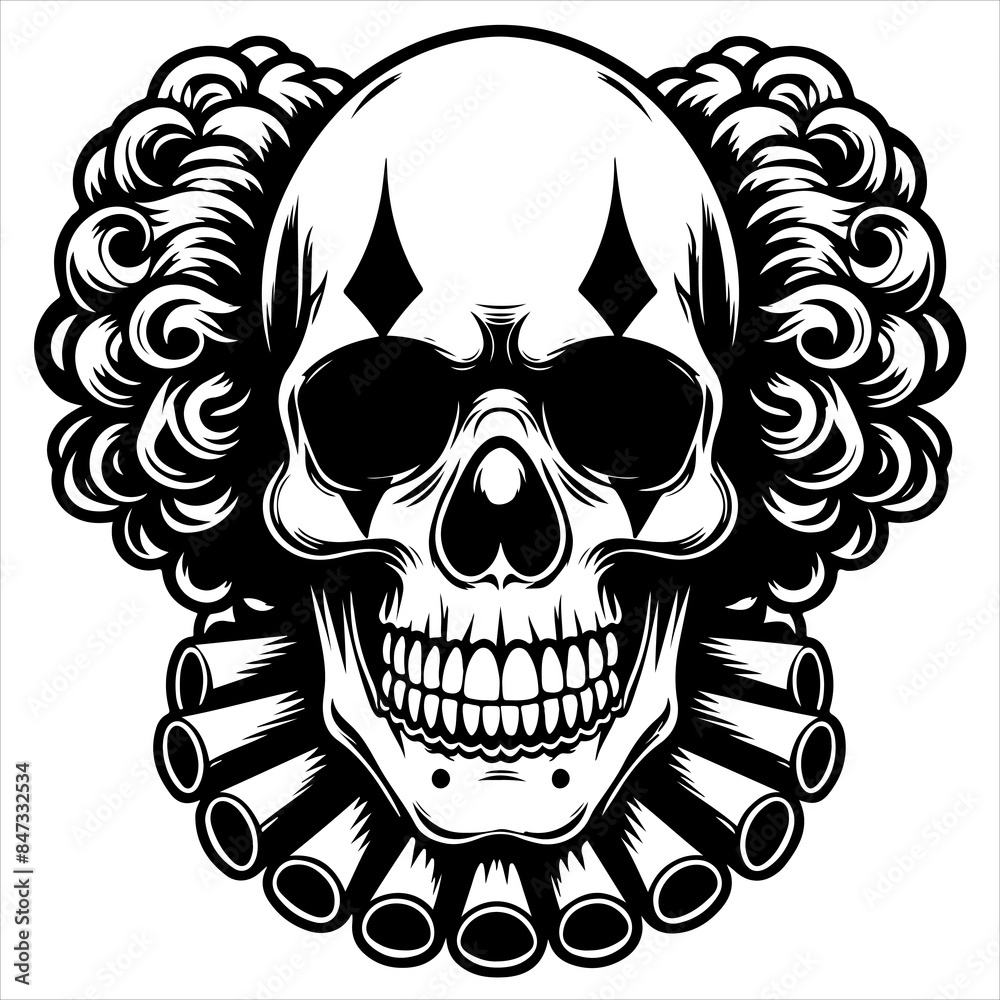 Clown skull black outline creepy illustration. Clown skull black outline creepy illustration.