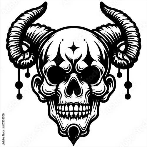 Clown skull black outline creepy illustration.