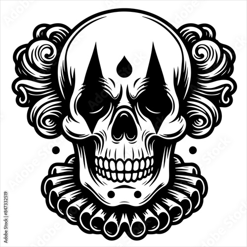 Clown skull black outline creepy illustration.