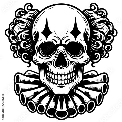Clown skull black outline creepy illustration.