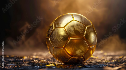 A gold soccer ball sits on a dark surface  surrounded by smoke
