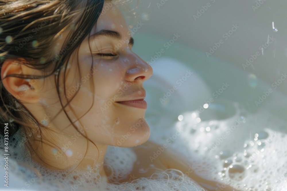 Woman enjoying a bubble bath, serene expression, spa and relaxation, self-care and wellness concept. Woman enjoying a bubble bath, serene expression, spa and relaxation, self-care and wellness concept.