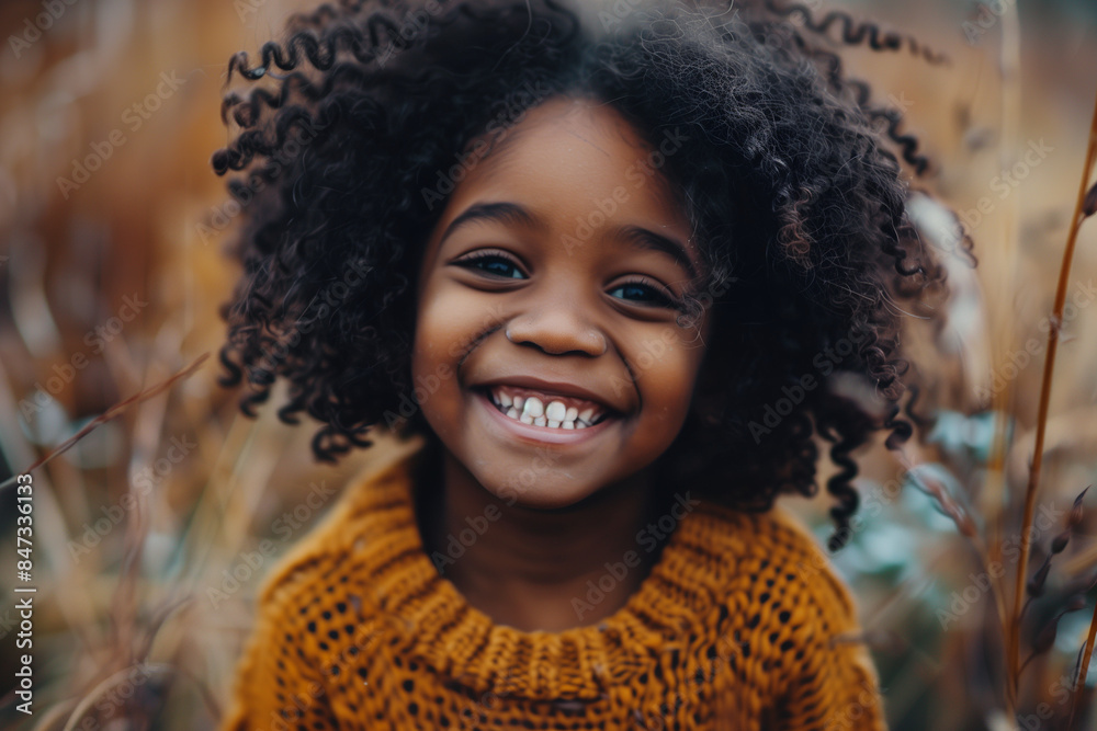 portrait of a smiling black girl happy child wearing orange sweater in autumn in countriside, nature intense looking closeup shot of a young african american outdoors, sunlight, golden hours, laughing