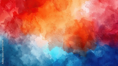 Vibrant Watercolor Abstract Background in Rich Tones of Red Orange and Blue