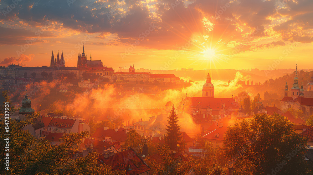 Naklejka premium Prague, Czech Republic city skyline, golden hour, photorealistic --ar 16:9 --style raw --stylize 750 Job ID: f2544099-1a59-4316-8230-3f0f971c5e0a