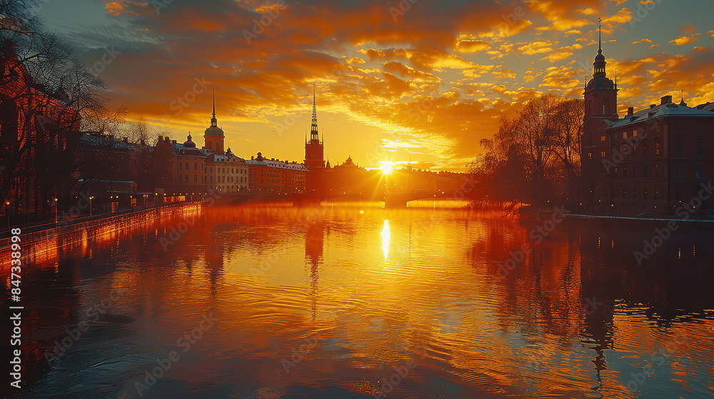 Fototapeta premium Stockholm, Sweden europe city in golden hour created with Generative AI technology